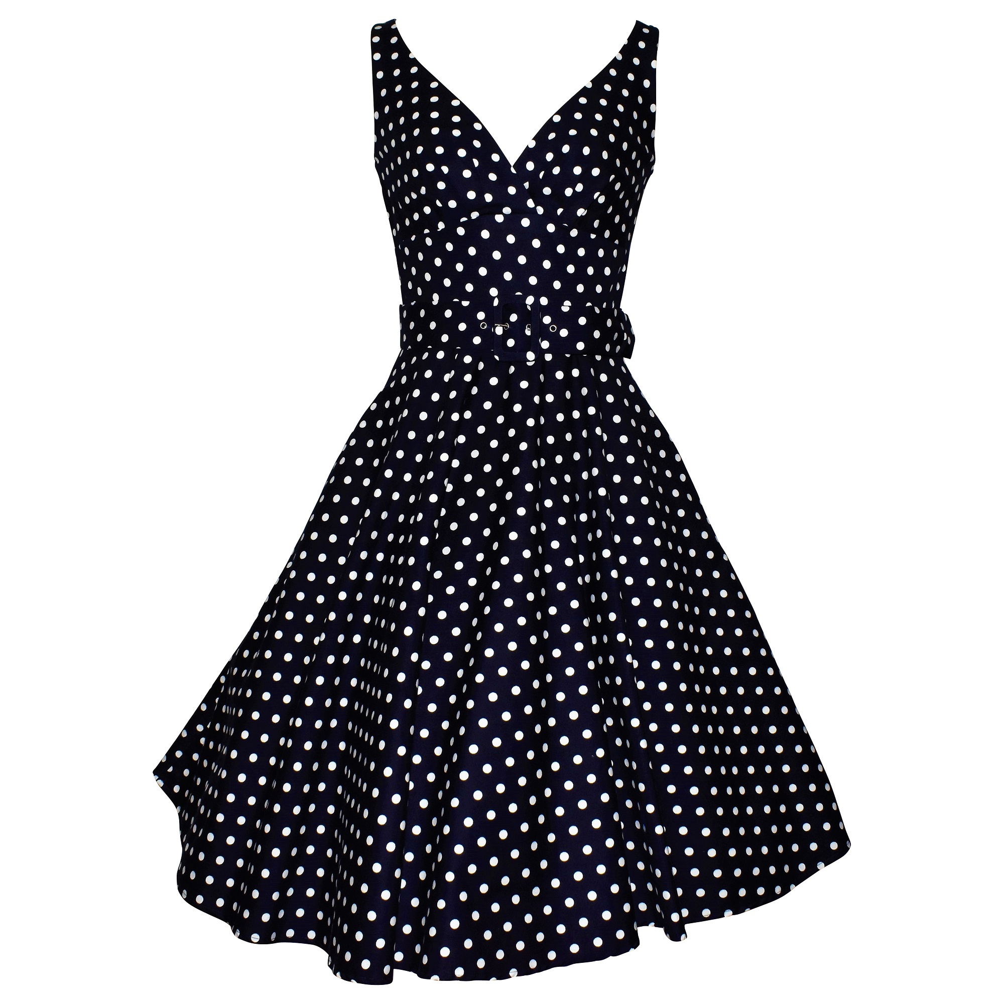 navy polka dot swing dress